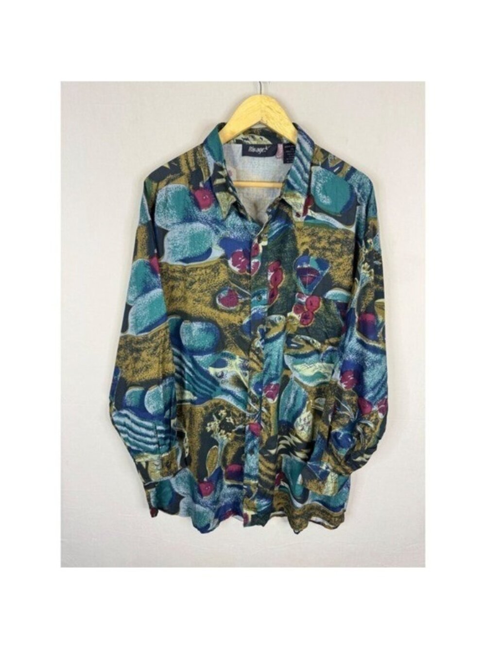 Vinatge 90s Rivage Mens 2XL Abstract Art Button Down Shirt Rayon Teal Gold